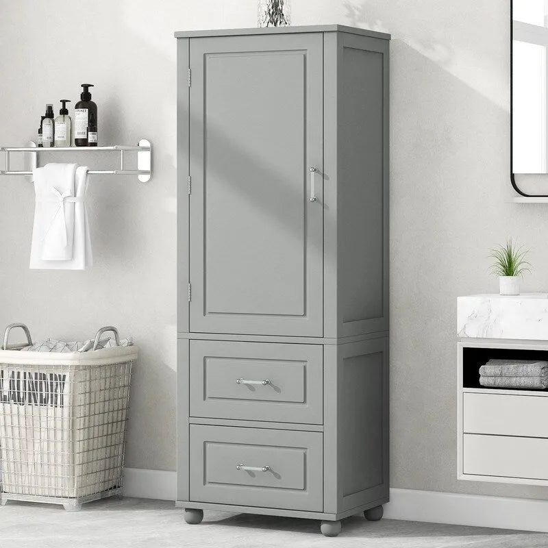 Armoire de rangement haute pour salle de bain avec deux tiroirs et étagère réglable