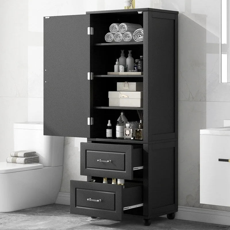 Armoire de rangement haute pour salle de bain avec deux tiroirs et étagère réglable