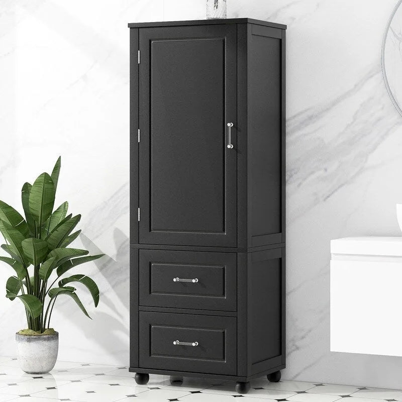 Armoire de rangement haute pour salle de bain avec deux tiroirs et étagère réglable