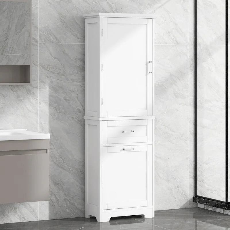 68 Tall Wood 1-door Bathroom Cabinet in White with Drawers and Adjustable Shelf