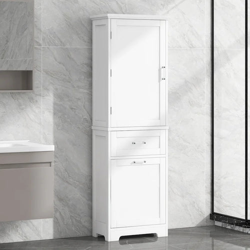 68 Tall Wood 1-door Bathroom Cabinet in White with Drawers and Adjustable Shelf