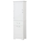 Meuble de salle de bain en bois blanc de 68 pouces de haut, à une porte, avec tiroirs et étagère réglable.