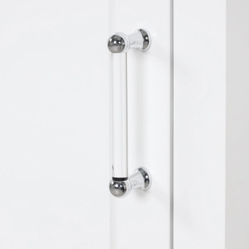 Meuble de salle de bain en bois blanc de 68 pouces de haut, à une porte, avec tiroirs et étagère réglable.