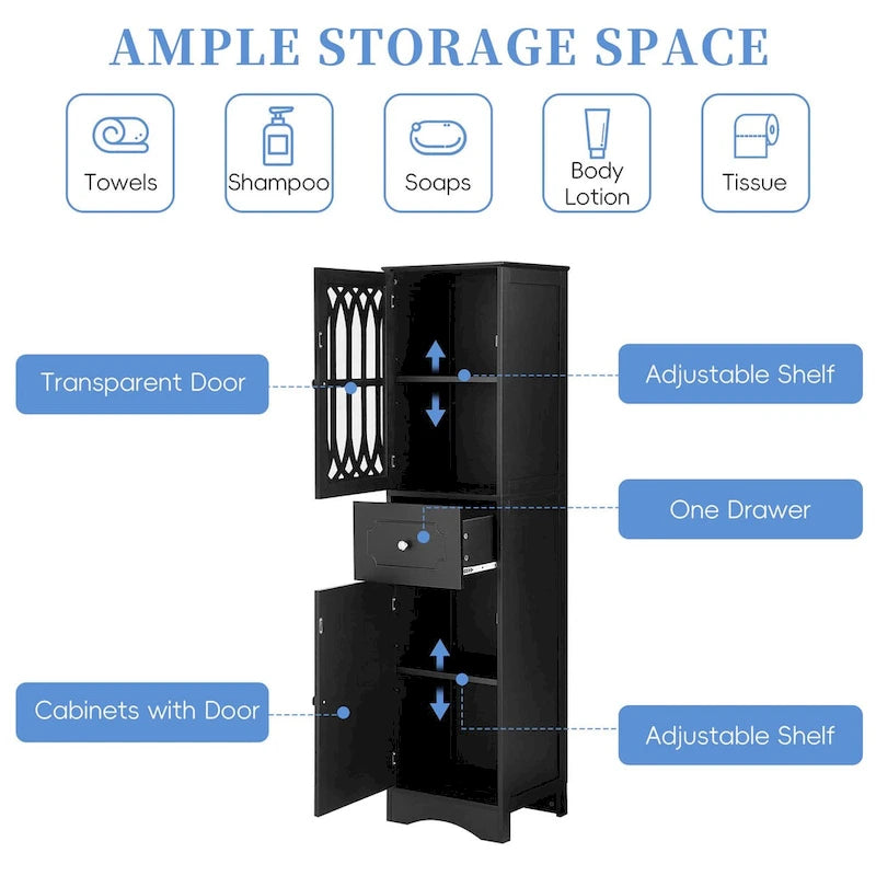 Meuble de rangement de salle de bain autoportant avec tiroir et portes, étagère réglable