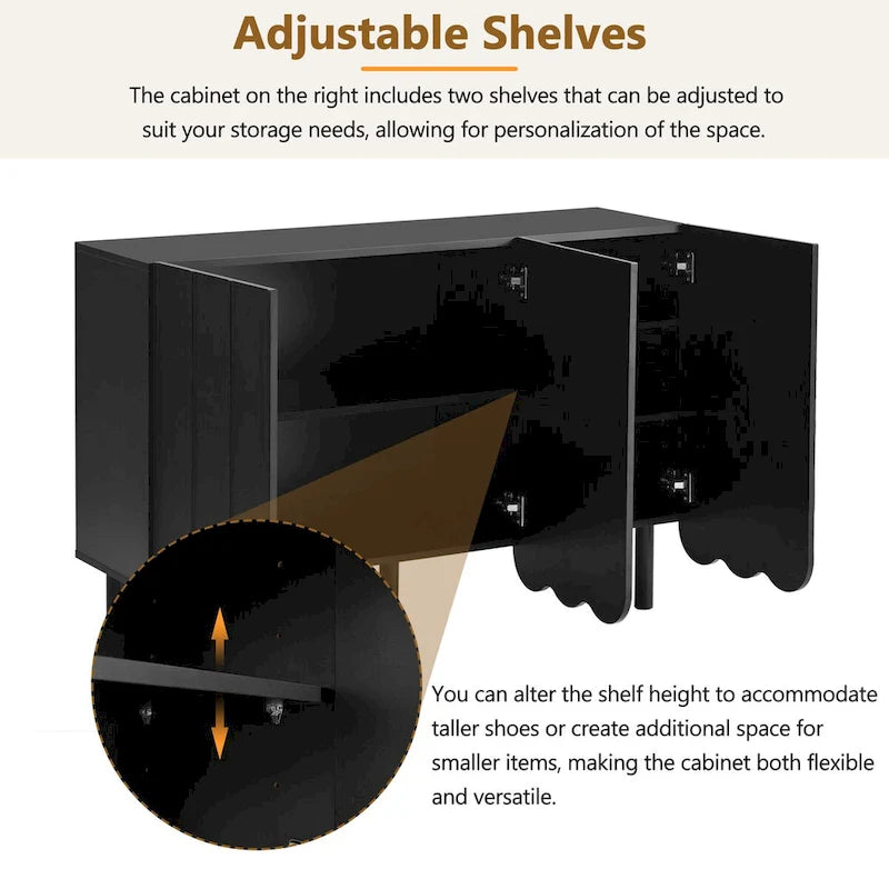 Meuble à chaussures à portes ondulées avec étagères réglables et 5 pieds en bois massif
