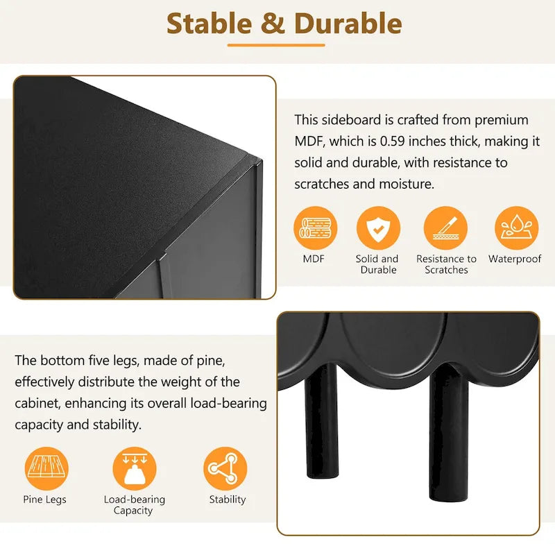 Meuble à chaussures à portes ondulées avec étagères réglables et 5 pieds en bois massif
