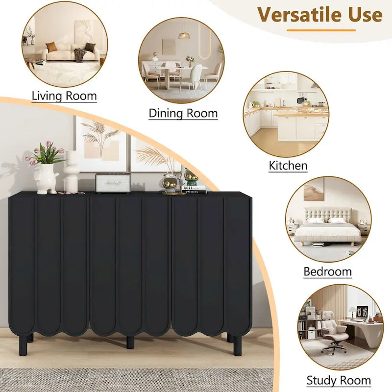 Meuble à chaussures à portes ondulées avec étagères réglables et 5 pieds en bois massif