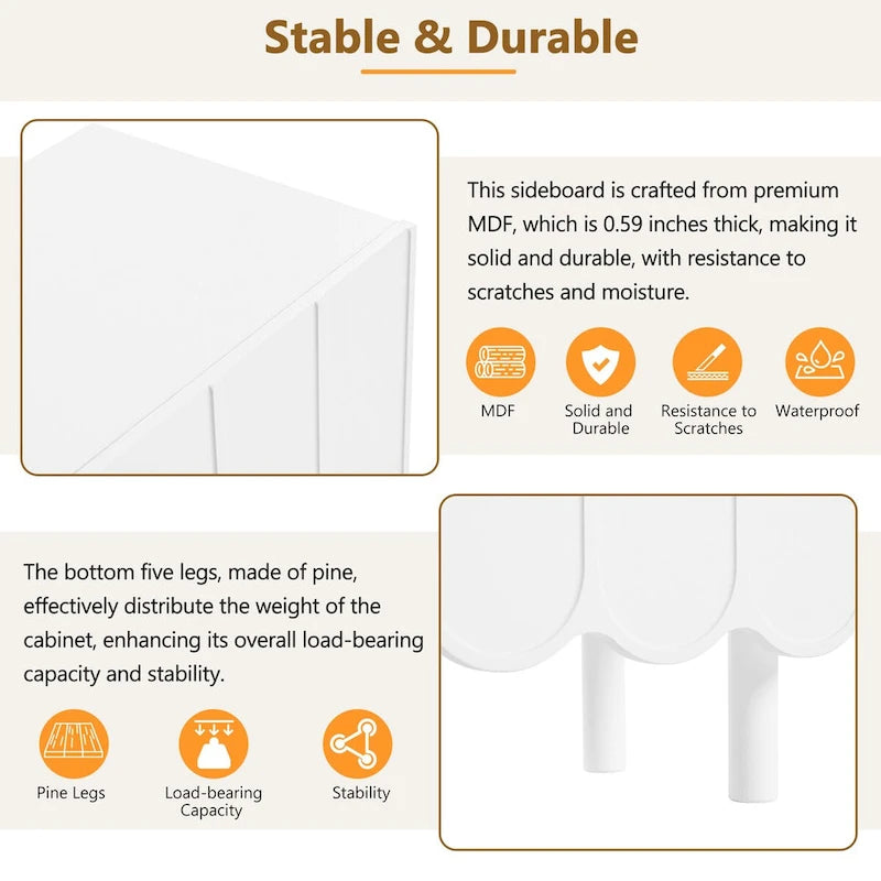 Meuble à chaussures à portes ondulées avec étagères réglables et 5 pieds en bois massif