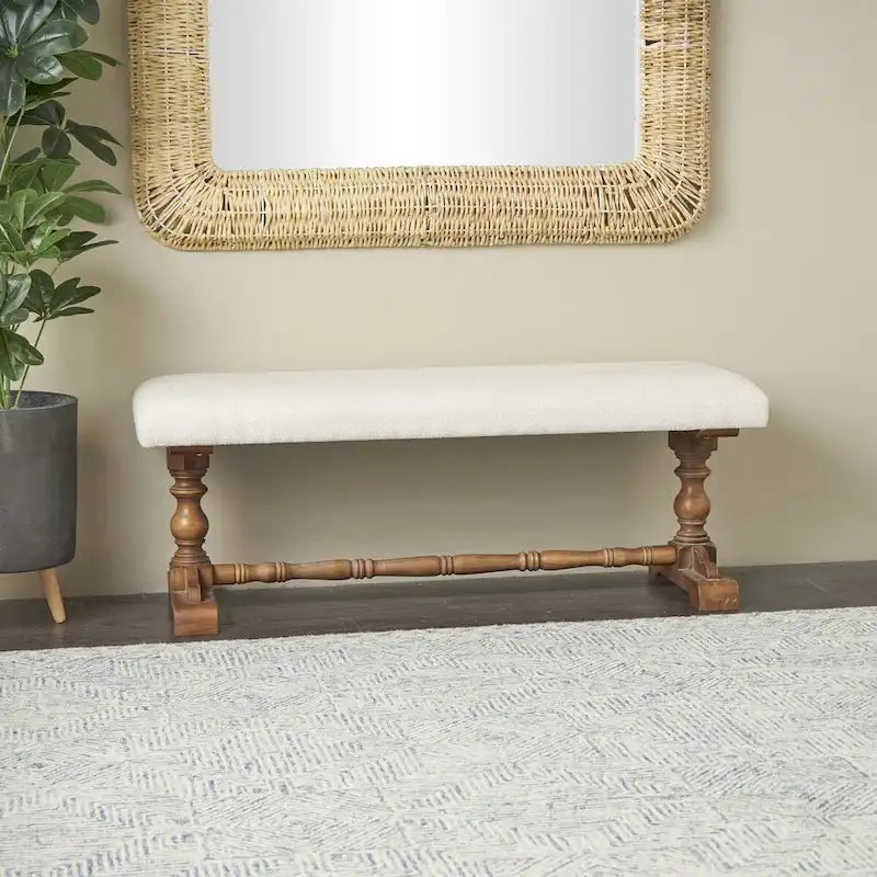 Banc en tissu avec pieds tournés marron - Crème - Roche River Decor