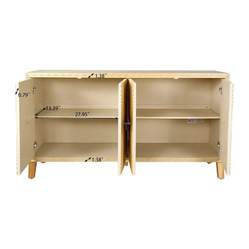 Meuble de rangement Roomfitters Vintage Naturel à 4 portes avec motif sculpté, étagères réglables et grand buffet pour salon