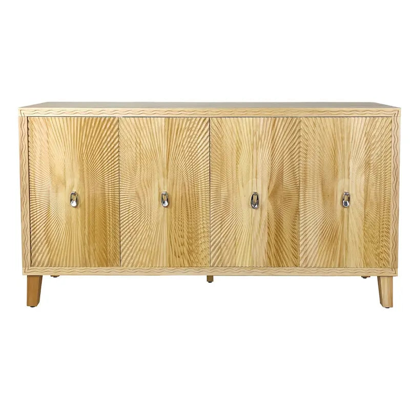 Meuble de rangement Roomfitters Vintage Naturel à 4 portes avec motif sculpté, étagères réglables et grand buffet pour salon