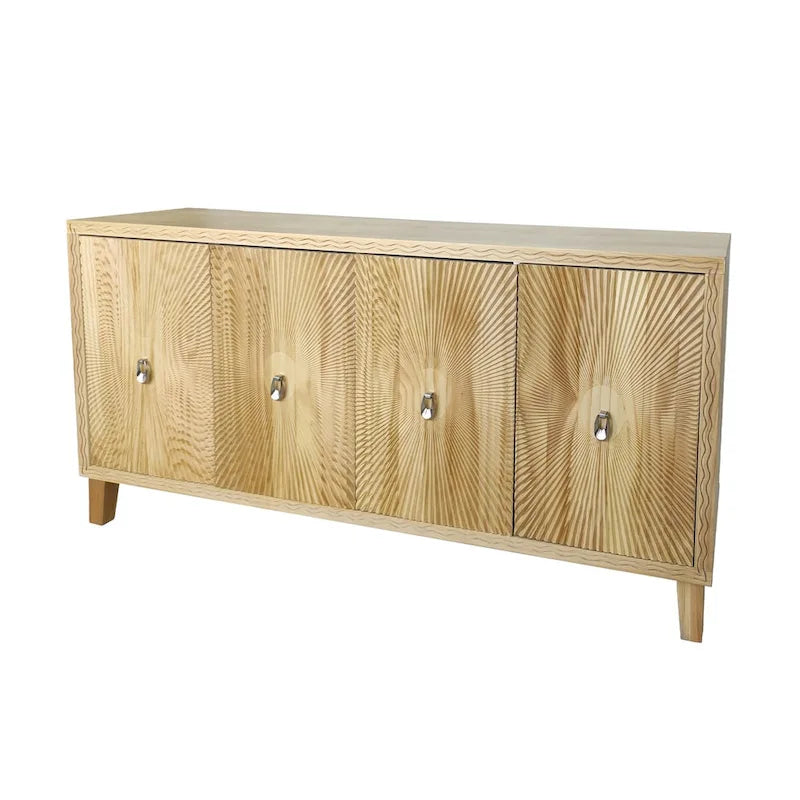 Meuble de rangement Roomfitters Vintage Naturel à 4 portes avec motif sculpté, étagères réglables et grand buffet pour salon
