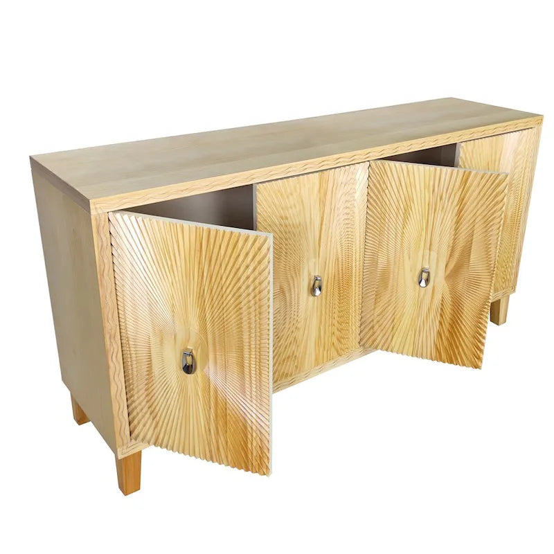 Meuble de rangement Roomfitters Vintage Naturel à 4 portes avec motif sculpté, étagères réglables et grand buffet pour salon