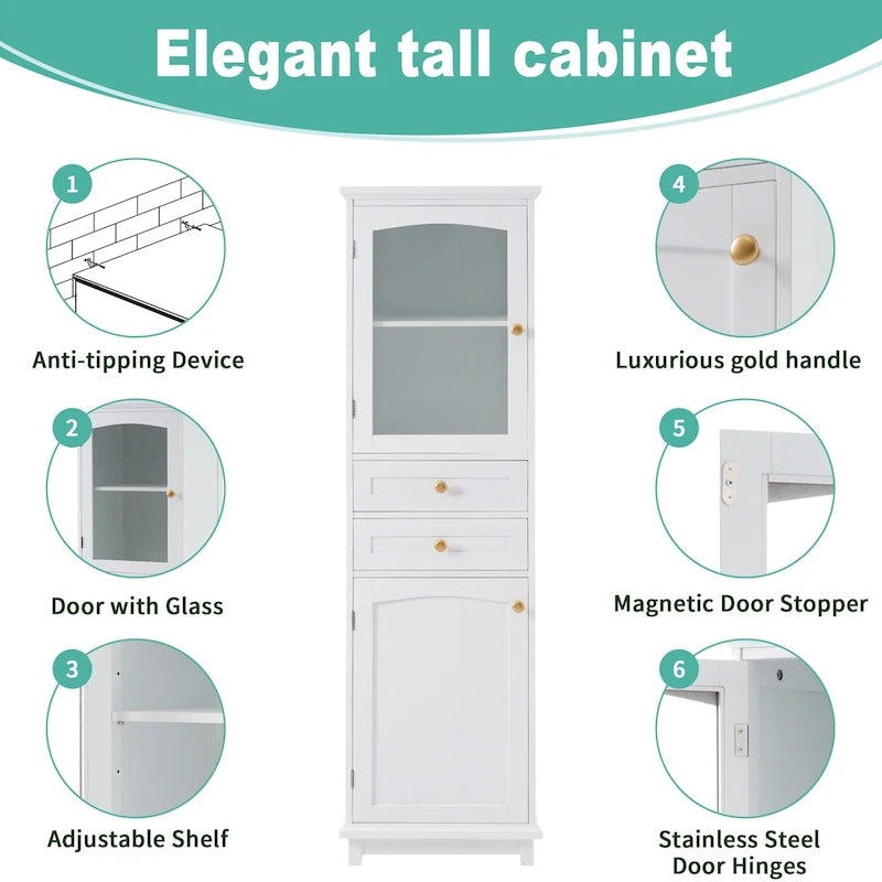 Armoire de rangement haute pour salle de bain avec portes vitrées