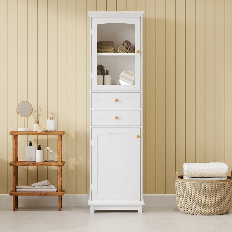 Armoire de rangement haute pour salle de bain avec portes vitrées