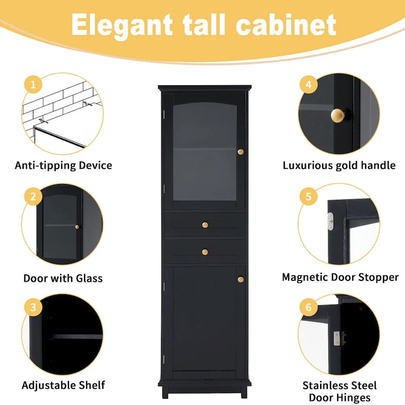 Armoire de rangement haute pour salle de bain avec portes vitrées