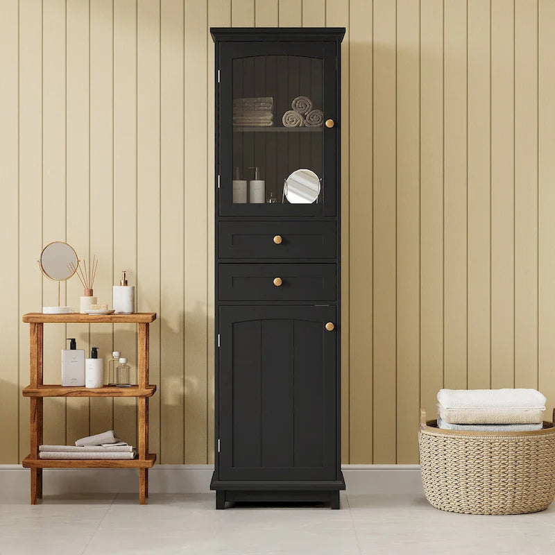 Armoire de rangement haute pour salle de bain avec portes vitrées