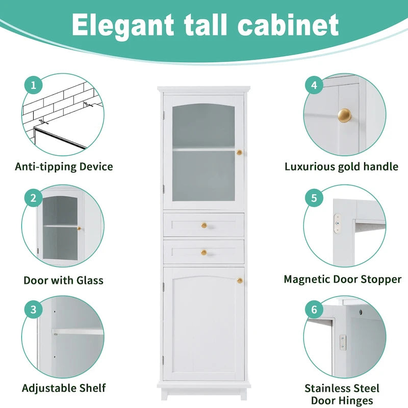 Armoire de rangement haute pour salle de bain avec portes vitrées