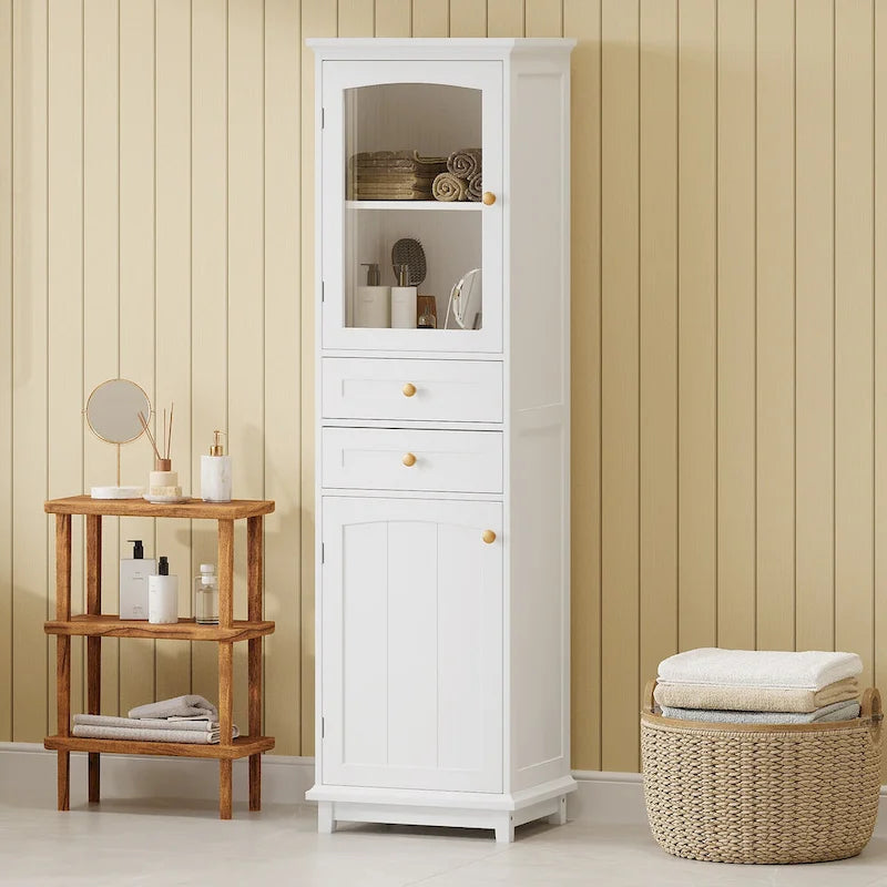 Armoire de rangement haute pour salle de bain avec portes vitrées