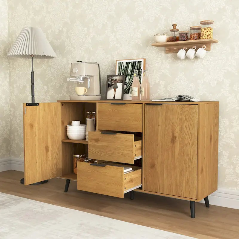 Buffet/meuble bar, meuble de cuisine de 120 cm avec 3 tiroirs et 2 portes, couleur naturelle