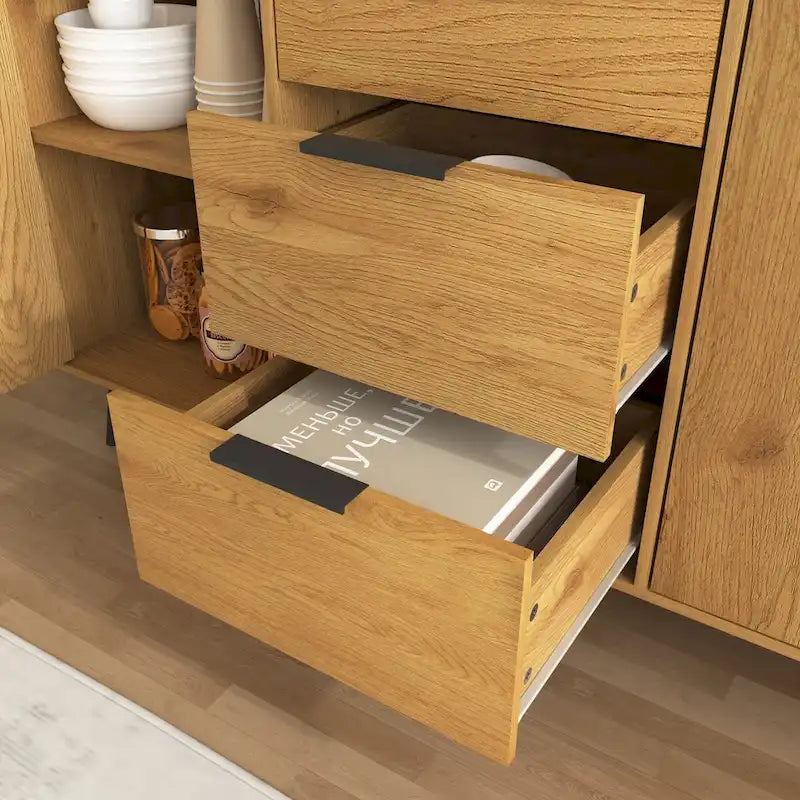 Buffet/meuble bar, meuble de cuisine de 120 cm avec 3 tiroirs et 2 portes, couleur naturelle