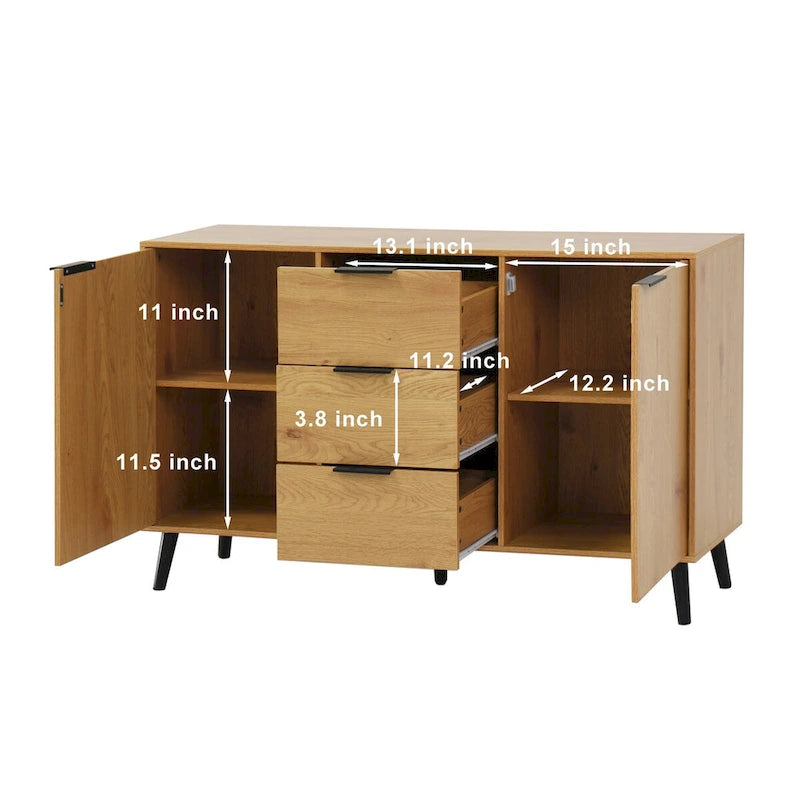Buffet/meuble bar, meuble de cuisine de 120 cm avec 3 tiroirs et 2 portes, couleur naturelle