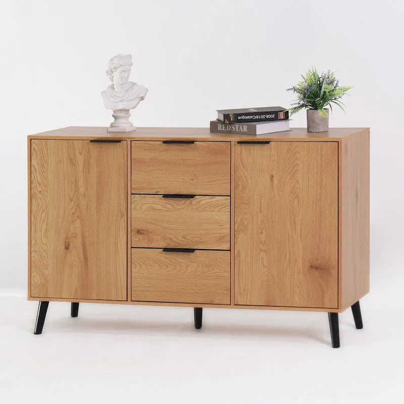 Buffet/meuble bar, meuble de cuisine de 120 cm avec 3 tiroirs et 2 portes, couleur naturelle