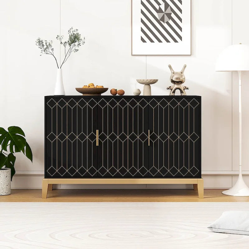 Buffet à trois portes sculptées, avec étagère réglable, grand meuble de rangement d'appoint