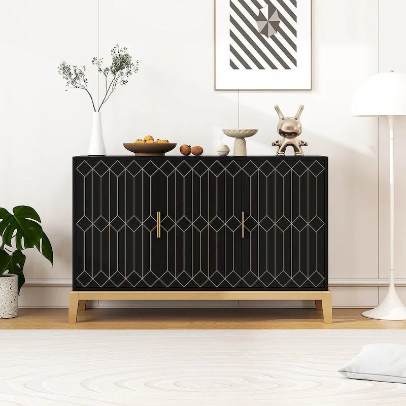 Buffet à trois portes sculptées, avec étagère réglable, grand meuble de rangement d'appoint