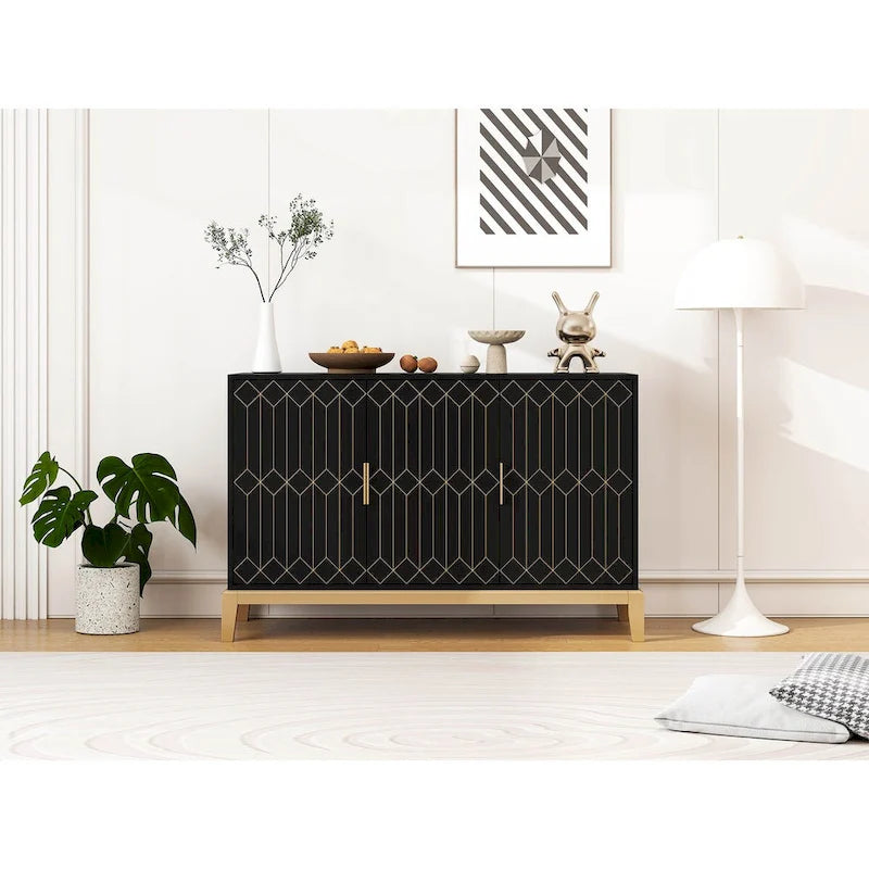 Buffet à trois portes sculptées, avec étagère réglable, grand meuble de rangement d'appoint