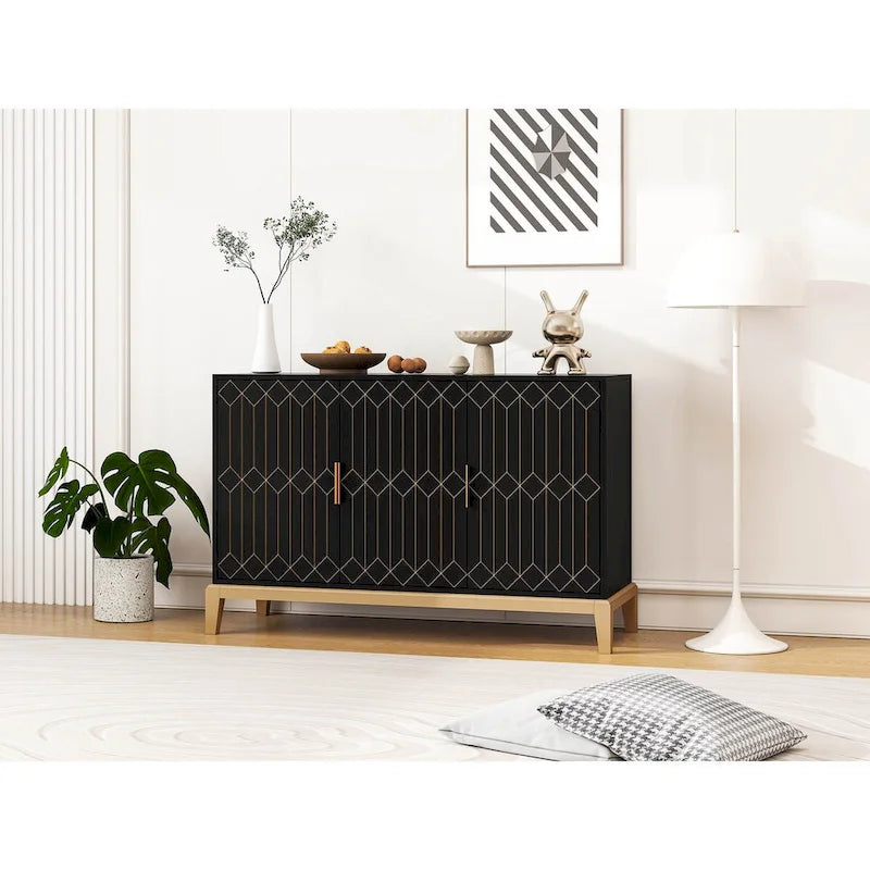 Buffet à trois portes sculptées, avec étagère réglable, grand meuble de rangement d'appoint