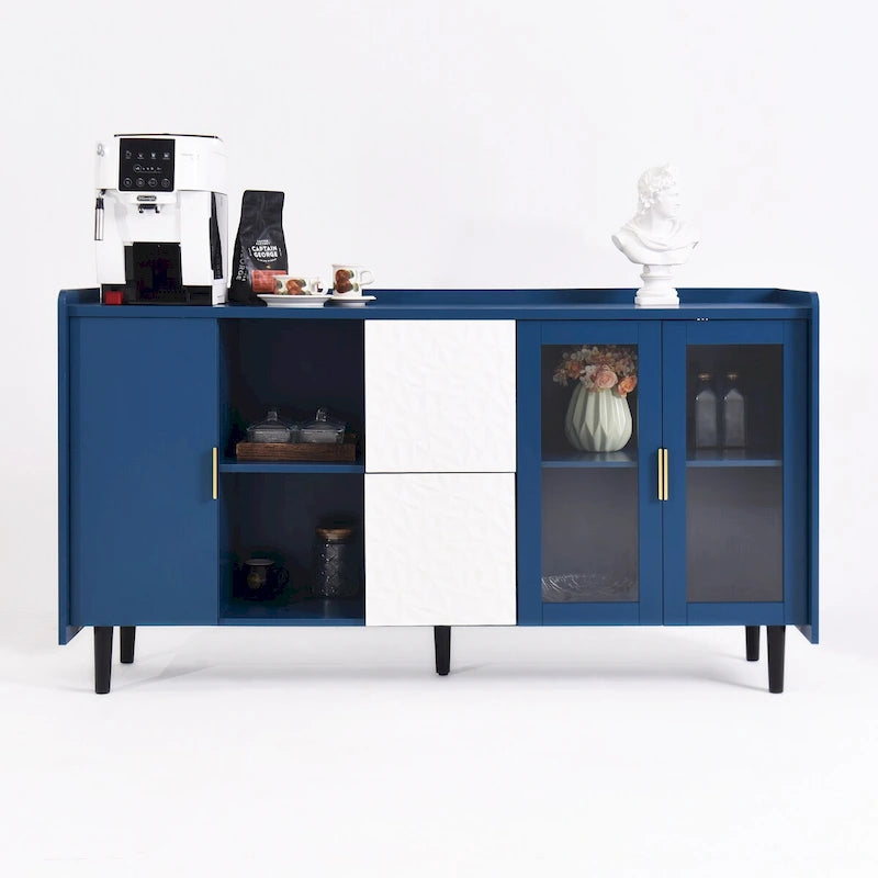 Meuble de rangement pour garde-manger, bar à café de 55 pouces avec 2 tiroirs, 2 compartiments de rangement ouverts et 2 portes vitrées, buffet en bois