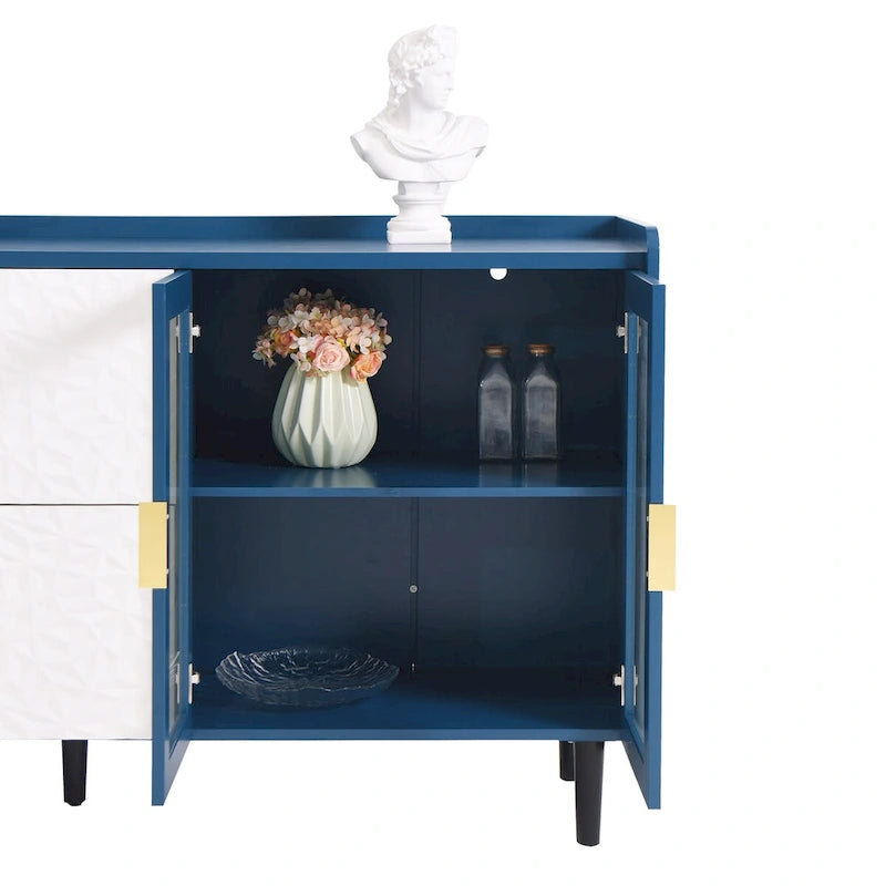 Meuble de rangement pour garde-manger, bar à café de 55 pouces avec 2 tiroirs, 2 compartiments de rangement ouverts et 2 portes vitrées, buffet en bois