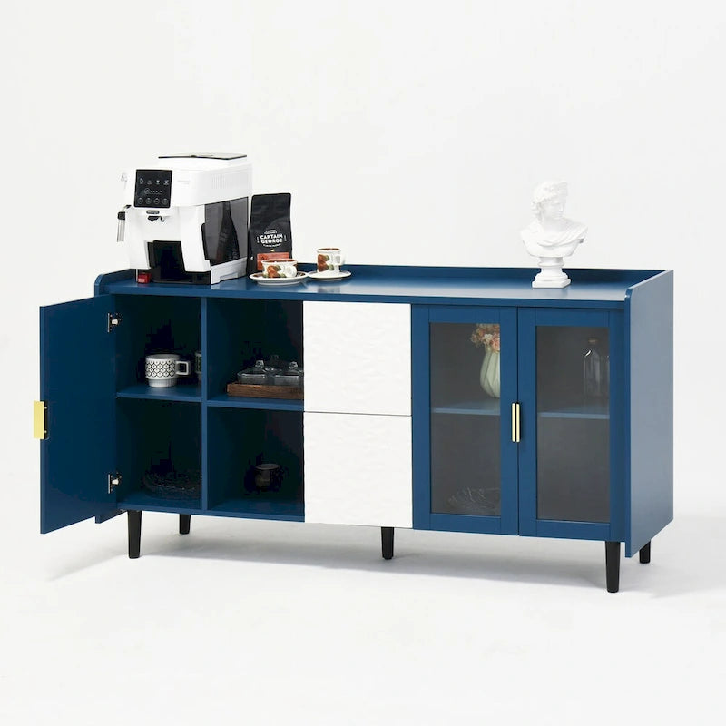 Meuble de rangement pour garde-manger, bar à café de 55 pouces avec 2 tiroirs, 2 compartiments de rangement ouverts et 2 portes vitrées, buffet en bois