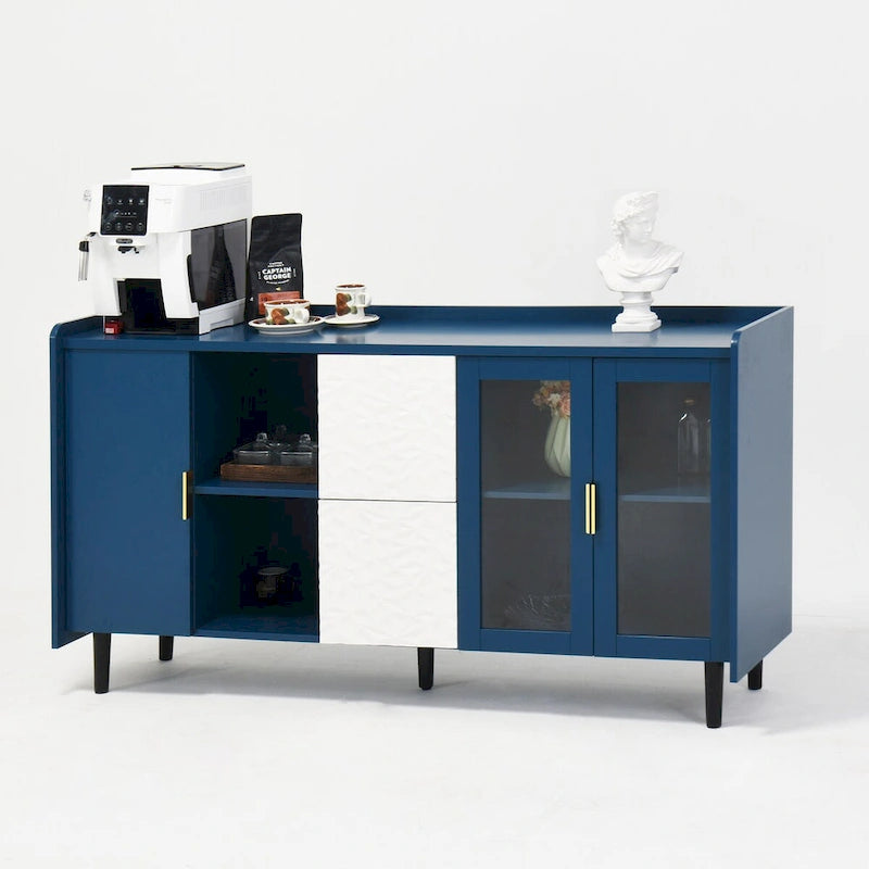 Meuble de rangement pour garde-manger, bar à café de 55 pouces avec 2 tiroirs, 2 compartiments de rangement ouverts et 2 portes vitrées, buffet en bois