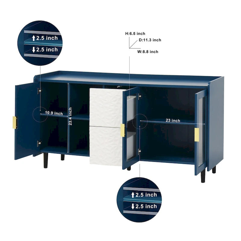 Meuble de rangement pour garde-manger, bar à café de 55 pouces avec 2 tiroirs, 2 compartiments de rangement ouverts et 2 portes vitrées, buffet en bois