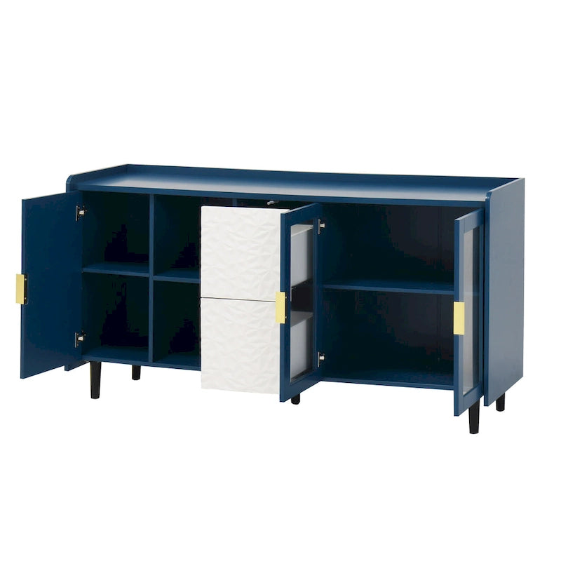 Meuble de rangement pour garde-manger, bar à café de 55 pouces avec 2 tiroirs, 2 compartiments de rangement ouverts et 2 portes vitrées, buffet en bois