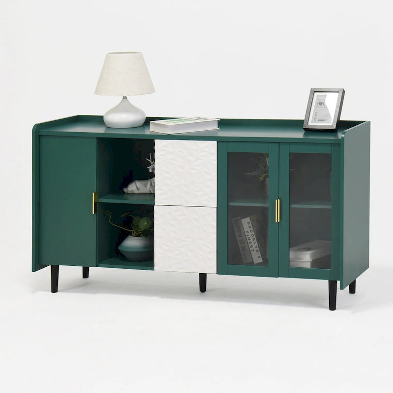 Meuble de rangement pour garde-manger, bar à café de 55 pouces avec 2 tiroirs, 2 compartiments de rangement ouverts et 2 portes vitrées, buffet en bois