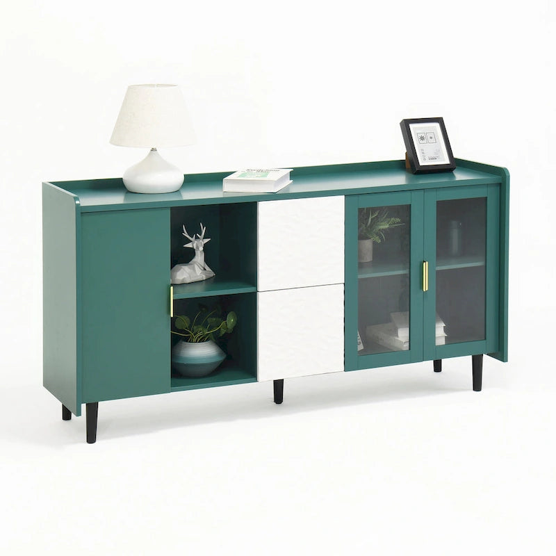 Meuble de rangement pour garde-manger, bar à café de 55 pouces avec 2 tiroirs, 2 compartiments de rangement ouverts et 2 portes vitrées, buffet en bois