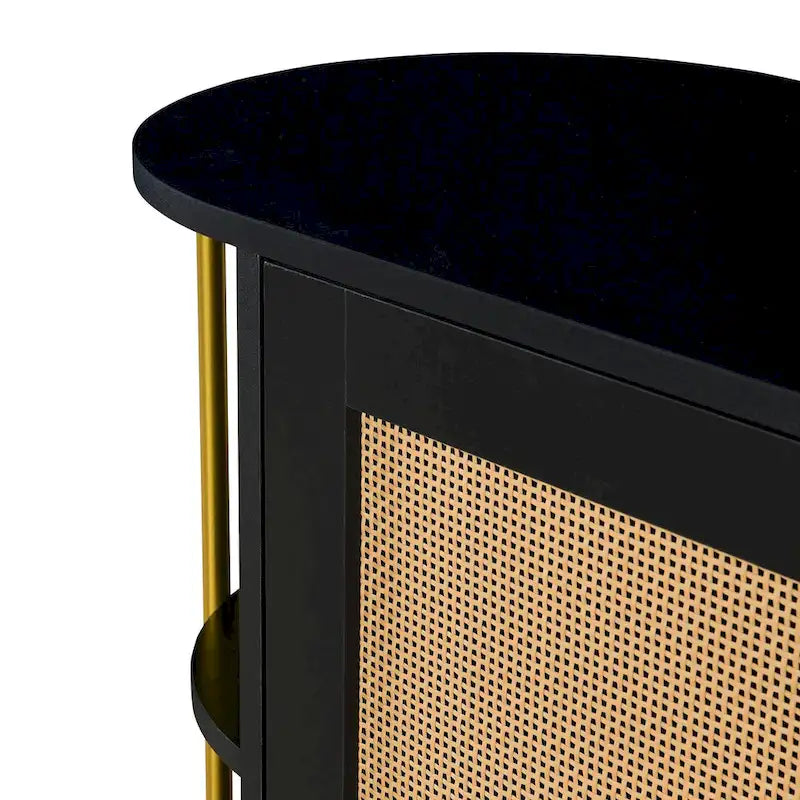 Meuble de salle à manger incurvé à 2 portes - Élégant avec garniture dorée et portes en rotin tressé