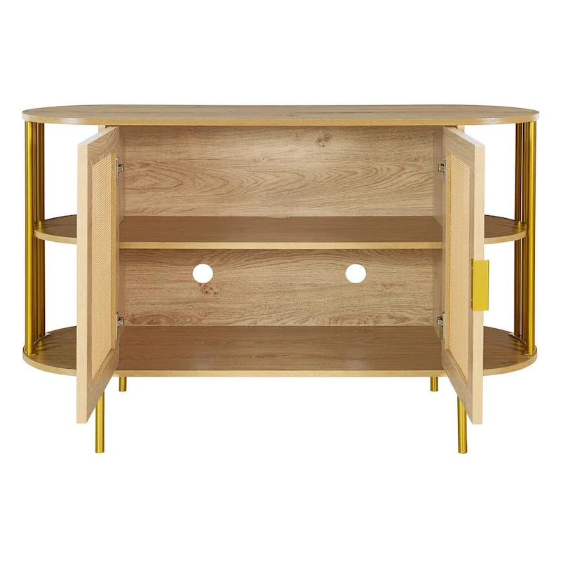 Meuble de salle à manger incurvé à 2 portes - Élégant avec garniture dorée et portes en rotin tressé