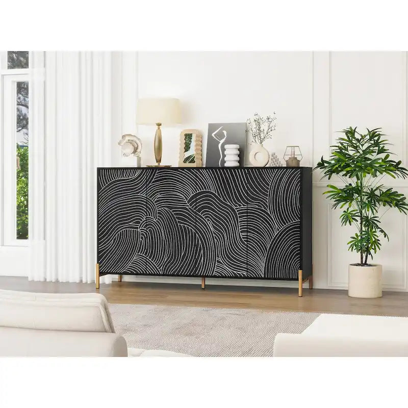 Buffet sculpté à 4 portes, meuble de rangement avec étagère réglable pour salon