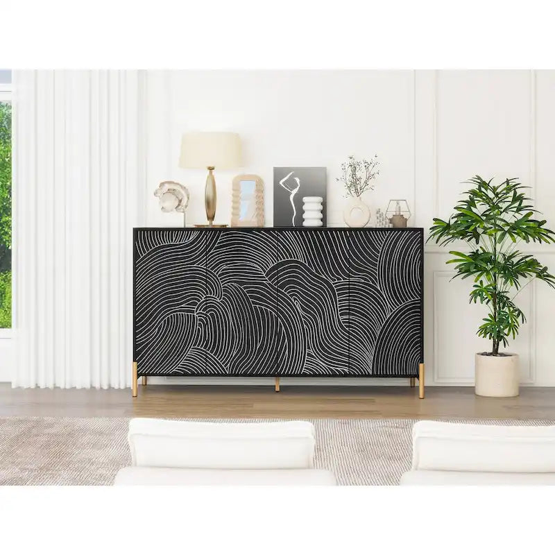 Buffet sculpté à 4 portes, meuble de rangement avec étagère réglable pour salon