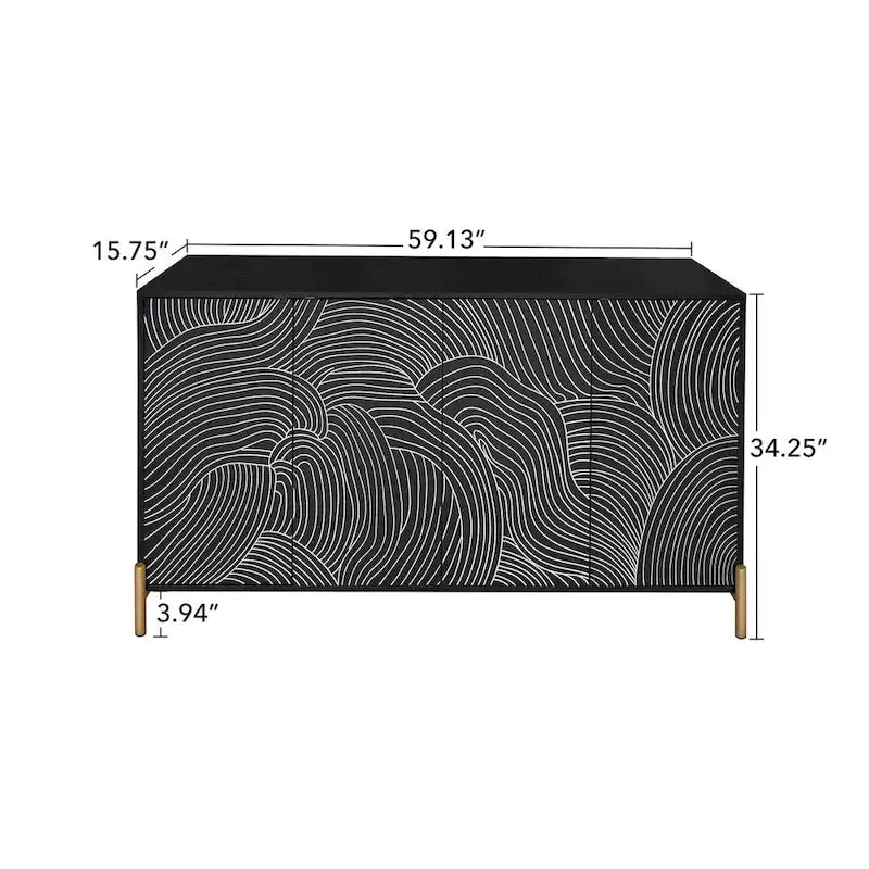 Buffet sculpté à 4 portes, meuble de rangement avec étagère réglable pour salon
