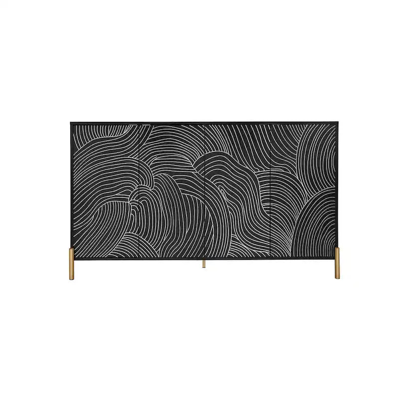 Buffet sculpté à 4 portes, meuble de rangement avec étagère réglable pour salon