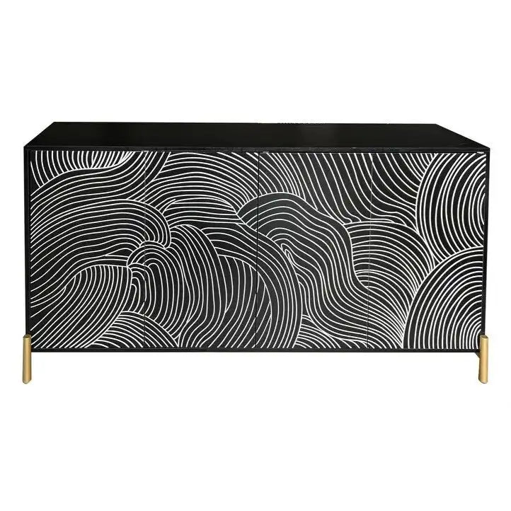 Buffet sculpté à 4 portes, meuble de rangement avec étagère réglable pour salon