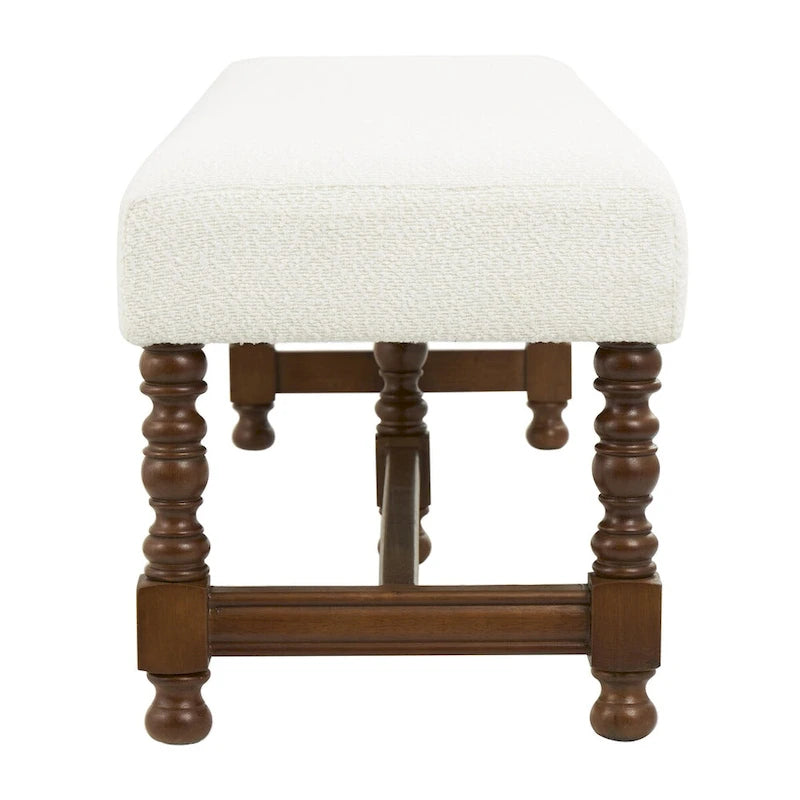 Banc en tissu avec pieds tournés traditionnels en bois marron - Crème - Roche River Decor