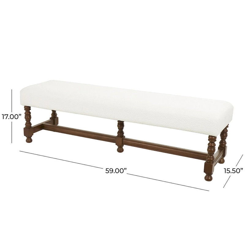 Banc en tissu avec pieds tournés traditionnels en bois marron - Crème - Roche River Decor