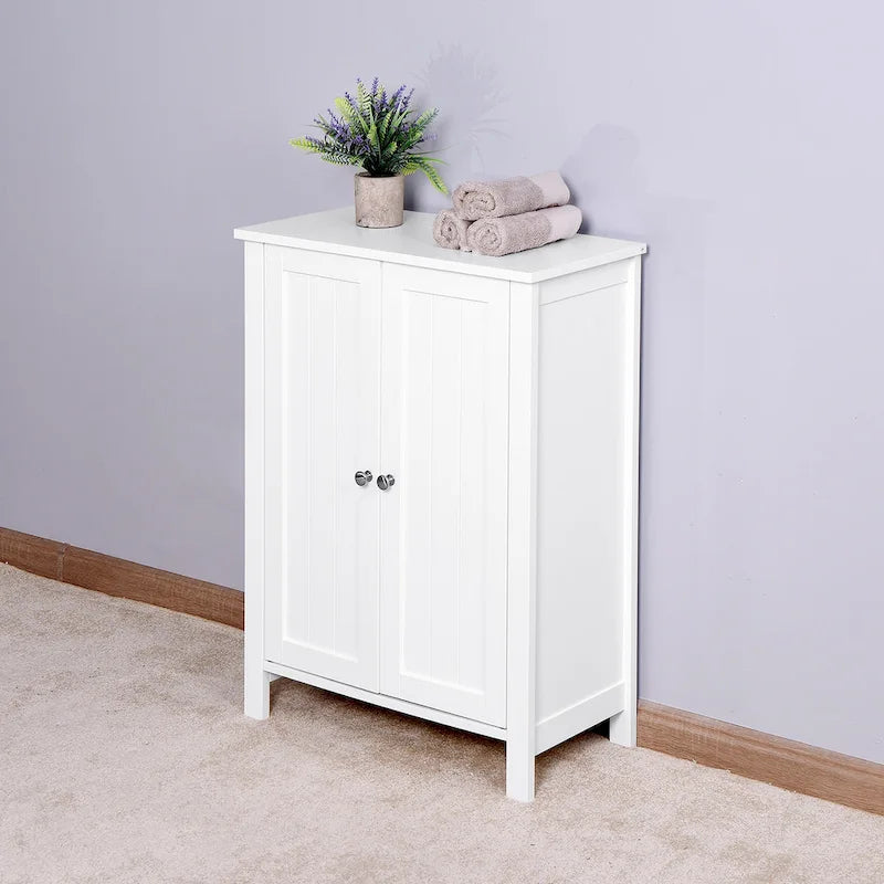 Armoire de rangement au sol pour salle de bain avec double porte et étagère réglable, blanche