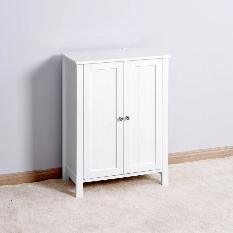 Armoire de rangement au sol pour salle de bain avec double porte et étagère réglable, blanche